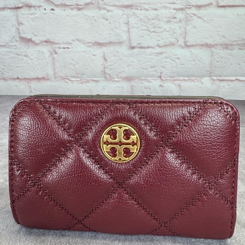 Tory Burch Claret Willa Quilted Burgundy Leather Compact Wallet